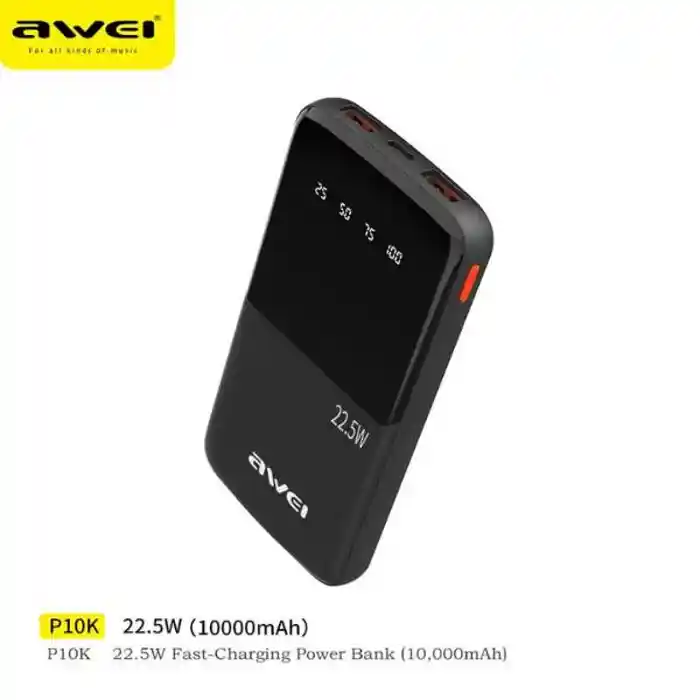 AWEI P10K 10000mAh 22.5W Fast Charging Dual Output Ports Digital Display Power Bank